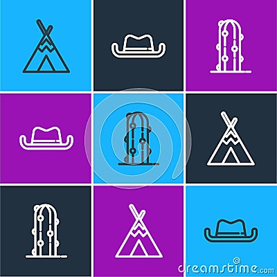 Set line Indian teepee or wigwam, Cactus and Western cowboy hat icon. Vector Vector Illustration