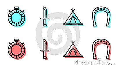 Set line Indian teepee or wigwam, Canteen water bottle, Military knife and Horseshoe icon. Vector Vector Illustration