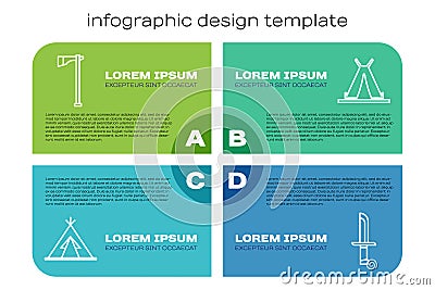 Set line Indian teepee or wigwam, Tomahawk axe, Military knife and Indian teepee or wigwam. Business infographic Vector Illustration