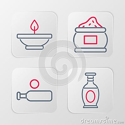 Set line Indian vase, Wood cricket bat and ball, spice and Aroma lamp icon. Vector Stock Photo