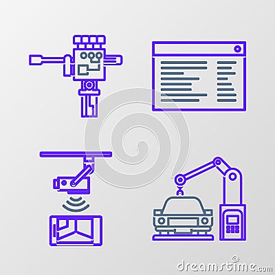 Set line Industrial machine robotic robot arm hand, Wireless Controlling CCTV security camera, Software, web developer Vector Illustration