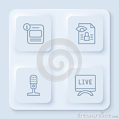 Set line Information, Journalistic investigation, Microphone and Live report. White square button. Vector Stock Photo
