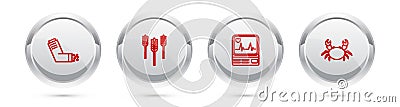 Set line Inhaler, Wheat, Monitor with cardiogram and Crab. Silver circle button. Vector Vector Illustration