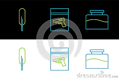 Set line Inkwell, Feather pen and Evidence bag and pistol or gun icon. Vector Stock Photo