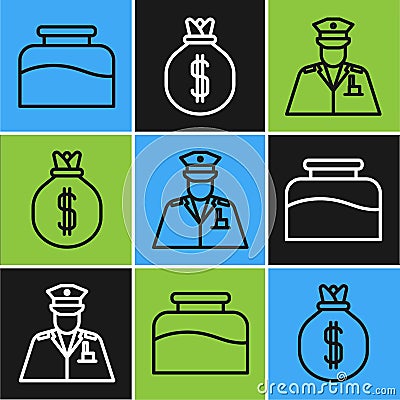 Set line Inkwell, Police officer and Money bag icon. Vector Vector Illustration