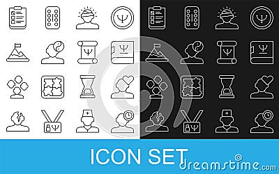 Set line Insomnia, Broken heart or divorce, Psychology book, Concussion, headache, Yin Yang symbol, Mountains with flag Stock Photo