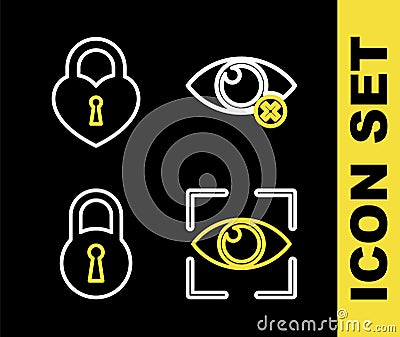 Set line Invisible or hide, Eye scan, Lock and Castle in the shape of heart icon. Vector Vector Illustration