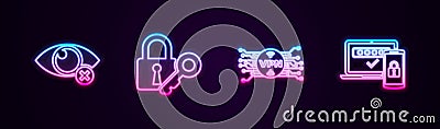 Set line Invisible or hide, Lock and key, VPN with microchip circuit and Two steps authentication. Glowing neon icon Vector Illustration