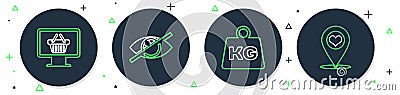Set line Invisible or hide, Weight, Monitor with shopping basket and Map pointer heart icon. Vector Vector Illustration