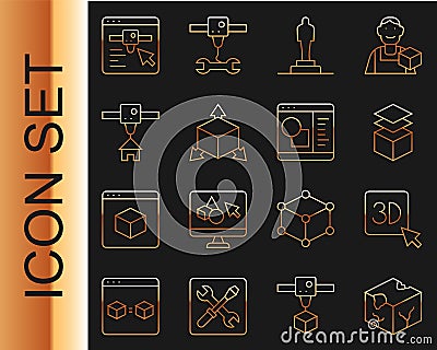 Set line Isometric cube, 3D printer, Layers, model, house, setting and software icon. Vector Vector Illustration