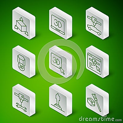 Set line Isometric cube, 3D printer model, wrench spanner and setting icon. Vector Stock Photo