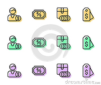 Set line Item price tag with dollar, Buyer, Discount percent and Price icon. Vector Vector Illustration