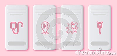 Set line IV bag, Location hospital, Joint pain, knee pain and Crutch or crutches. White rectangle button. Vector Stock Photo