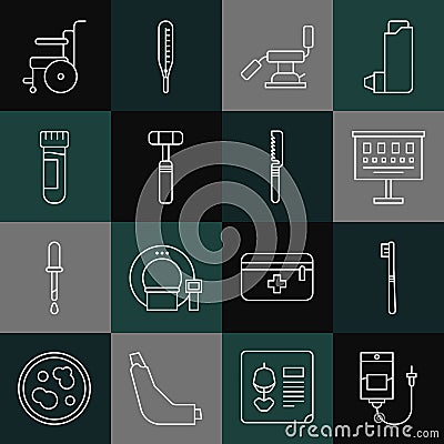 Set line IV bag, Toothbrush, Eye test chart, Medical dental chair, Neurology reflex hammer, Test tube with blood Vector Illustration