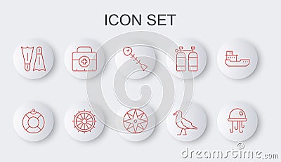 Set line Jellyfish, Lifebuoy, Dead, Bird seagull, Flippers for swimming, First aid kit, Ship steering wheel and Wind Vector Illustration