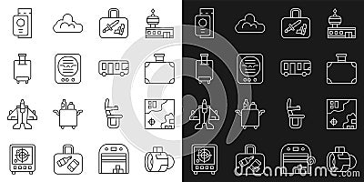 Set line Jet engine turbine, World travel map, Suitcase, Attitude indicator, Passport with ticket and Airport bus icon Vector Illustration