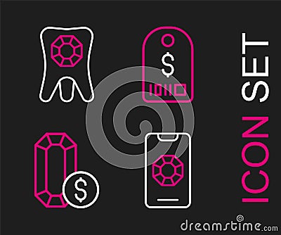 Set line Jewelry online shopping, Price tag with dollar and Tooth diamond icon. Vector Stock Photo