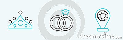 Set line Jewelry store, King crown and Wedding rings icon. Vector Vector Illustration