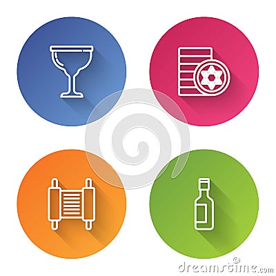 Set line Jewish goblet, coin, Torah scroll and wine bottle. Color circle button. Vector Vector Illustration
