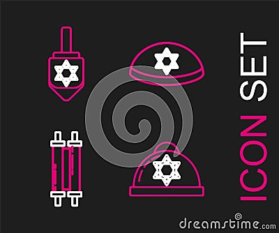 Set line Jewish kippah with star of david, Torah scroll, and Hanukkah dreidel icon. Vector Stock Photo