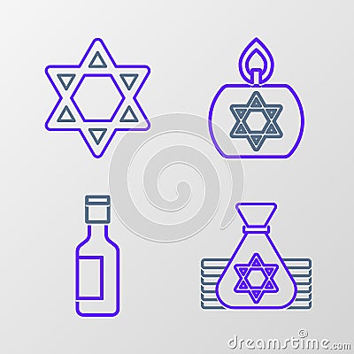 Set line Jewish money bag, wine bottle, Burning candle and Star of David icon. Vector Stock Photo