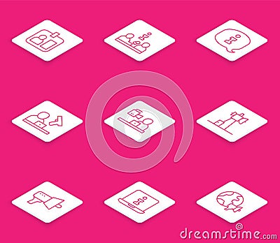 Set line Journalist id card, Interview, Information, Crime news, Breaking, Antenna, Megaphone and icon. Vector Stock Photo