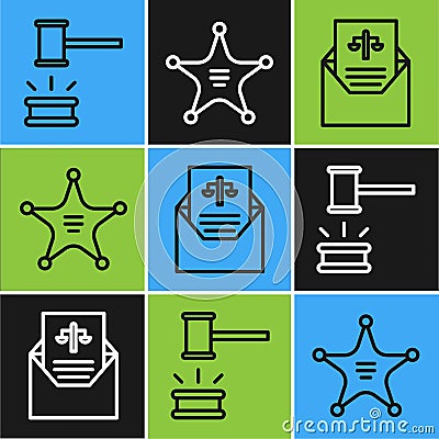 Set line Judge gavel, Subpoena and Hexagram sheriff icon. Vector Vector Illustration