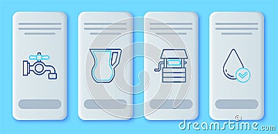 Set line Jug glass with water, Well bucket, Water tap and drop icon. Vector Vector Illustration