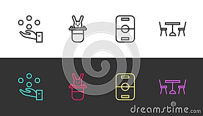 Set line Juggling ball, Magician hat and rabbit, Hockey table and Picnic with chairs on black and white. Vector Vector Illustration