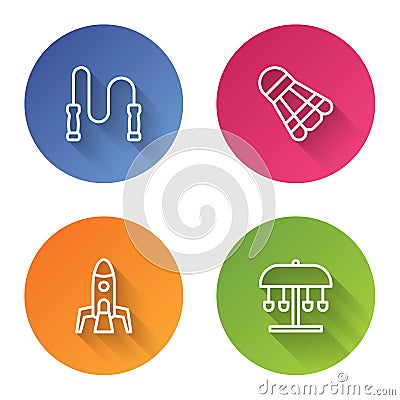 Set line Jump rope, Badminton shuttlecock, Rocket ship and Attraction carousel. Color circle button. Vector Vector Illustration