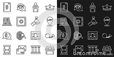 Set line Jurors, Ball on chain, Location law, Judge, Safe, Office folders, Law book and Bribe money bag icon. Vector Vector Illustration