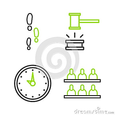 Set line Jurors, Clock, Judge gavel and Footsteps icon. Vector Stock Photo