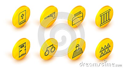 Set line Jurors, Prisoner, Handcuffs, cell door, window, Inkwell, Pistol gun with silencer and Holy bible book icon Stock Photo