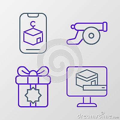 Set line Kaaba mosque, Gift box, Ramadan cannon and Star and crescent icon. Vector Vector Illustration