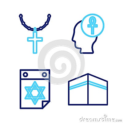 Set line Kaaba mosque, Jewish calendar, Cross ankh and Christian cross on chain icon. Vector Vector Illustration