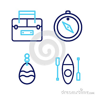 Set line Kayak or canoe, Fishing spoon, Compass and Case container for wobbler icon. Vector Vector Illustration