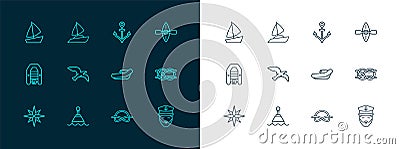 Set line Kayak and paddle, Floating buoy, Inflatable boat with motor, Nautical rope knots, Bird seagull, Anchor, Yacht Vector Illustration