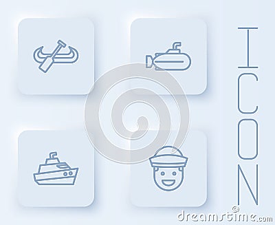 Set line Kayak and paddle, Submarine, Speedboat and Sailor. White square button. Vector Vector Illustration