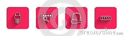 Set line Key broke inside of padlock, Password protection, Bicycle and with long shadow. Red square button. Vector Vector Illustration