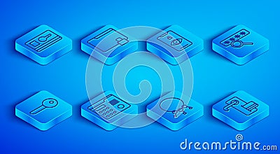 Set line Key card, Folder and lock, Eye scan, House intercom system, Bunch of keys, Password protection, and Digital Stock Photo