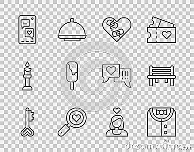 Set line Key in heart shape, Suit, Healed broken, Search and love, Mobile with, Ice cream, Couple and Romantic bench Vector Illustration