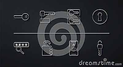 Set line Key, Password protection, Keyhole, Eye scan, Safe combination lock, Marked key, Unlocked and Casting keys icon Vector Illustration