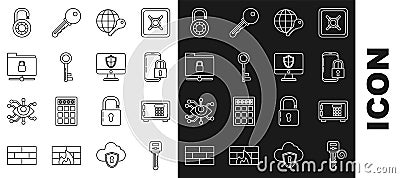 Set line Key, Safe, Smartphone with closed padlock, Globe key, FTP folder and, combination wheel and Computer monitor Vector Illustration