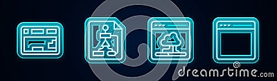 Set line Keyboard, Flowchart, Cloud technology data transfer and Browser window. Glowing neon icon. Vector Vector Illustration
