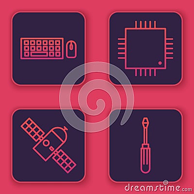 Set line Keyboard and mouse, Satellite, Processor with microcircuits CPU and Screwdriver. Blue square button. Vector Vector Illustration