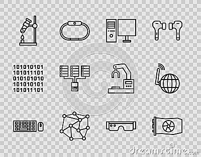 Set line Keyboard and mouse, Video graphic card, Computer monitor, Neural network, Test tube flask fire, Server, Data Stock Photo
