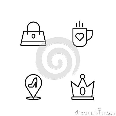 Set line King crown, Woman shoe, Handbag and Coffee cup heart icon. Vector Vector Illustration