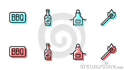 Set line Kitchen apron, Barbecue, Ketchup bottle and Burning match with fire icon. Vector Vector Illustration
