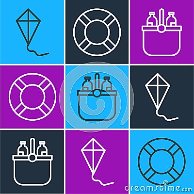 Set line Kite, Cooler bag and water and Lifebuoy icon. Vector Vector Illustration