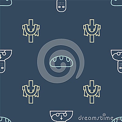 Set line Knight crusader, Christian cross and Bread loaf on seamless pattern. Vector Vector Illustration